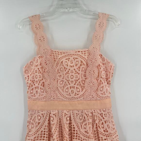 Just Me Crochet Lace Dress Size M Peach Milkmaid Asymmetric Boho Cottage Fairy - Picture 3 of 12